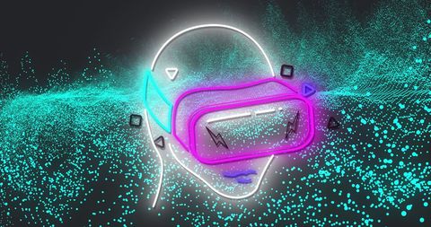 Futuristic neon vr headset with digital particles