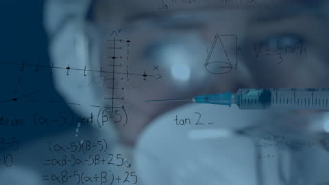 Scientist Analyzing Syringe Amid Mathematical Formulas