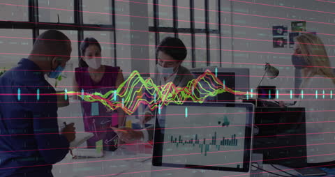 Diverse Business Team Analyzing Data with Financial Graphic Overlay