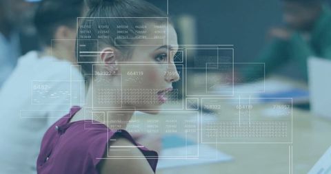 Futuristic Data Interface Over Businesswoman in Modern Office