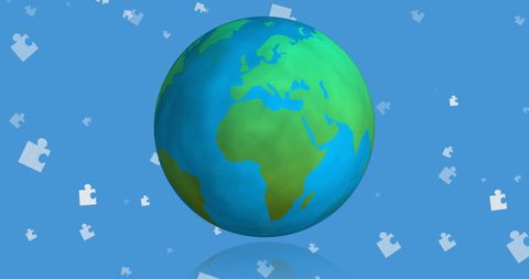 Puzzle Pieces Floating Around Globe on Blue Background - Download Free Stock Images Pikwizard.com
