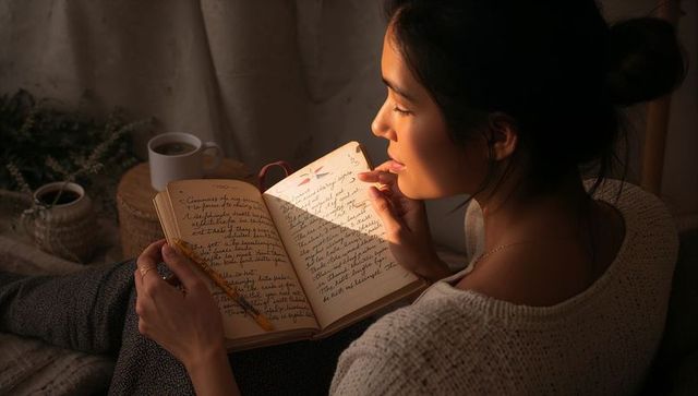 Young woman writing in journal by warm lamp in cozy home nook with mug and pencil