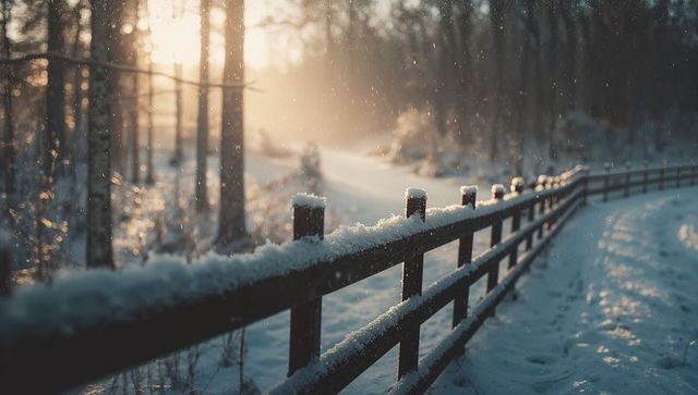 Sunlit snowy forest path with rustic fence