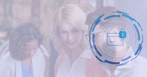 Professionals monitoring cybersecurity interface, transparent lock symbol