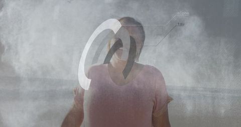 Senior woman standing with analytical overlays and scientific marks