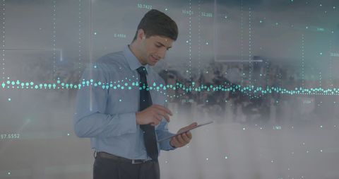 caucasian businessman analyzing data on tablet with city background - Download Free Stock Images Pikwizard.com