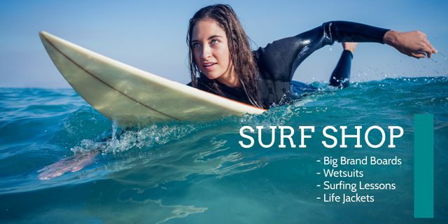 Determined Female Surfer in Ocean Offers Surf Shop Services - Download Free Stock Templates Pikwizard.com