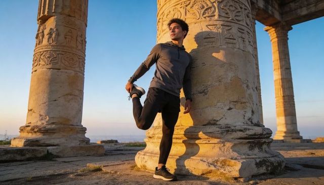 Sunlit runner stretching at ancient colonnade during golden hour, outdoor fitness travel