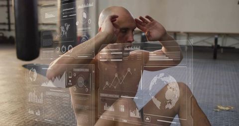 Midlife man performing sit-ups with hud fitness analytics overlay for training