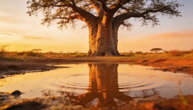 Monumental baobab tree at golden sunset reflecting in puddle with ripples on red savannah