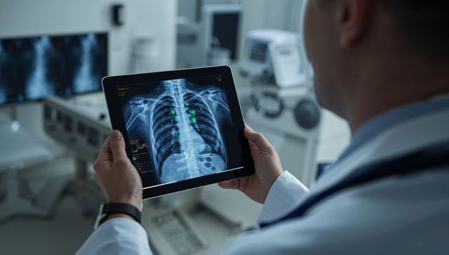 Doctor Analyzing Digital Chest X-Ray on Tablet in Radiology Room