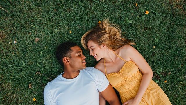 Summer romance lying on grass: smiling couple gazing at each other among wildflowers