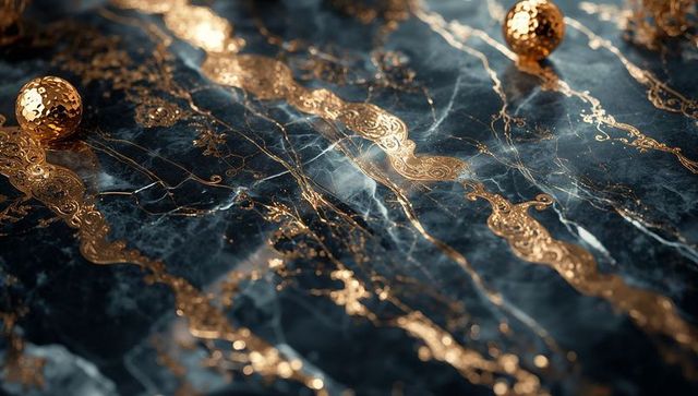 Luxurious dark blue marble with ornate gold veins and textured spheres