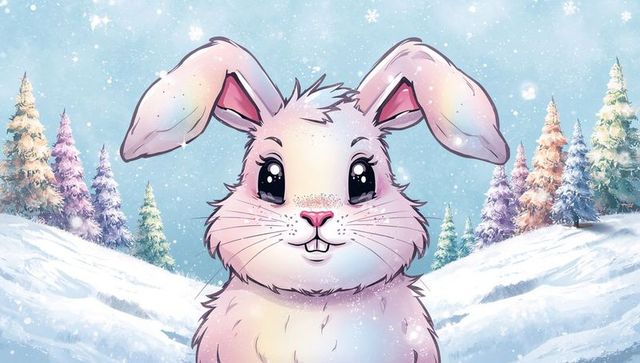 Pastel fluffy bunny standing on snowy hill with sparkling snow and rainbow fir trees