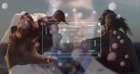 Digital Overlay of Doctor Analyzing COVID-19 with Friends on Beach
