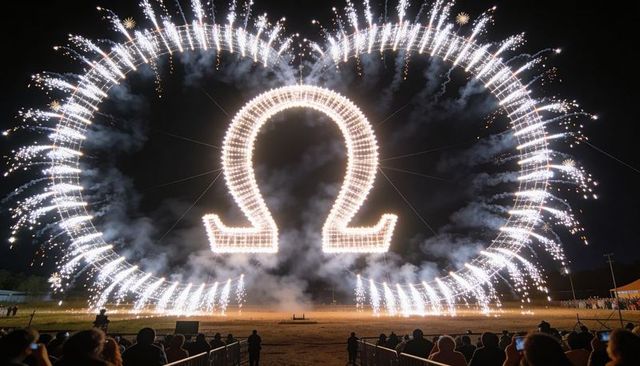 Omega-shaped firework ring lighting night sky over spectators at outdoor festival