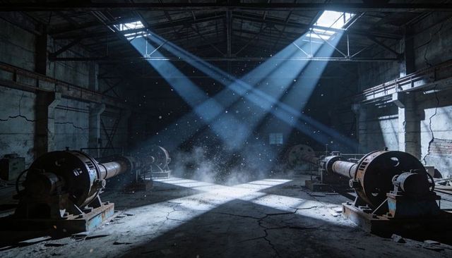 Crossed skylight beams revealing dust in abandoned factory hall with rusted machinery