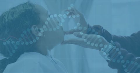 healthcare professional examining child with overlay of digital dna strands represents advancements in genetic research and medical technology. useful for illustrating the intersection of child healthcare, genetic studies, and modern medical progress. suitable for publications in medical research, educational materials, or technological healthcare advancements advertisements.