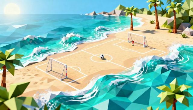 Low poly tropical beach soccer pitch with lone red-shirt player watching ball by turquoise ocean