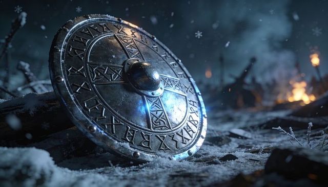 Frost-covered viking shield engraved with runes on snowy battlefield under torchlight