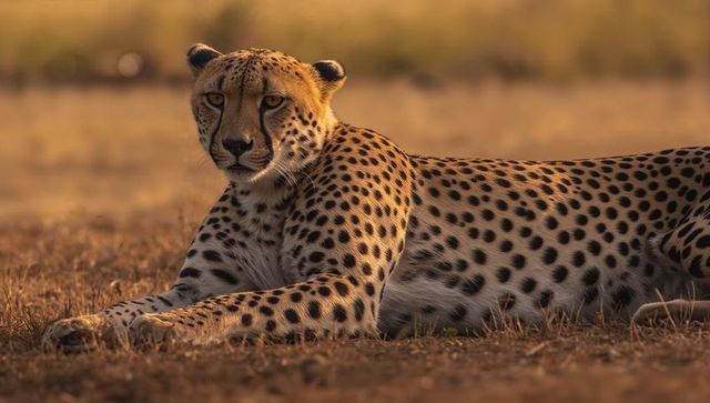 Cheetah resting in golden light on dry savannah plain