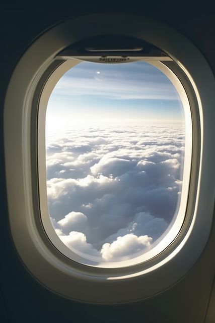 Serene view of fluffy white clouds and clear blue sky from the perspective of an airplane window. Ideal for travel blogs, aviation websites, promotional materials, and advertisements relating to air travel and exploration. The image symbolizes relaxation, adventure, and the perspectives of flying high above the Earth.