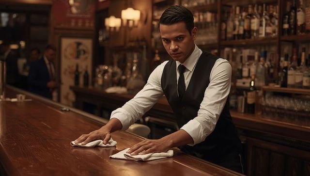Elegant bartender polishing counter in sophisticated bar setting