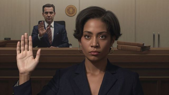 Female witness raising right hand taking oath in courtroom while judge presiding