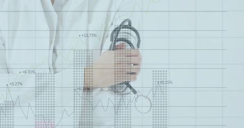 Clinician Holding Stethoscope with Healthcare Analytics Overlay Showing Growth Metrics