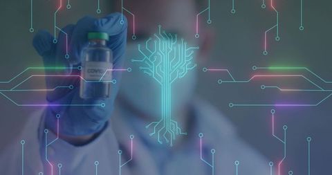 Innovative Biotech: Researcher Holding COVID-19 Vial and Neon Digital Circuits