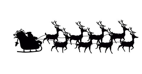 Silhouette of Santa Claus in Sleigh with Reindeer on White Background