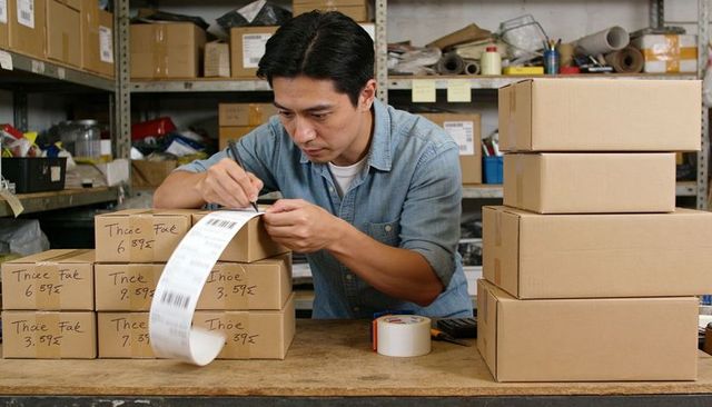 Aligning shipping labels on cardboard boxes at busy fulfillment bench for e-commerce orders