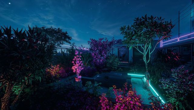 Neon LED Lighting Illuminates Rooftop Garden at Night