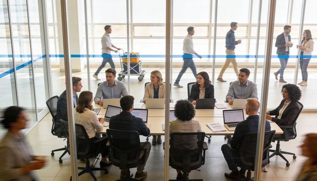 Diverse team collaborating in glass conference room discussing strategy with laptops