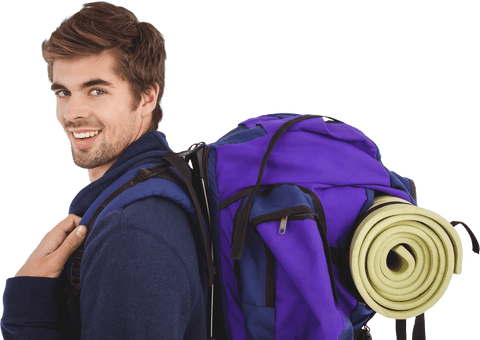 transparent happy man with camping backpack looking over shoulder - Download Free Stock Videos Pikwizard.com
