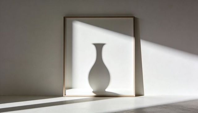 Minimalist vase shadow casting inside leaning thin wooden frame with diagonal sunlight