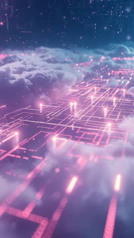 Vertical cyberpunk drone gliding through neon circuit grid over glowing cloudscape