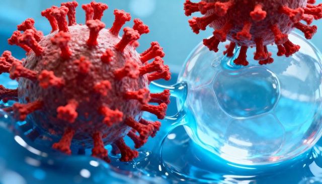 Colliding red coronavirus particles interacting with translucent vesicles in blue fluid