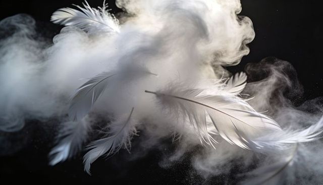 Floating white feathers drifting through powder plumes on dark background, ethereal motion