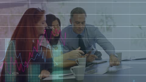 Team Discussing Business Strategies with Data Overlay Animation