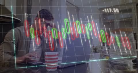 Man Typing on Laptop with Overlayed Dynamic Financial Chart