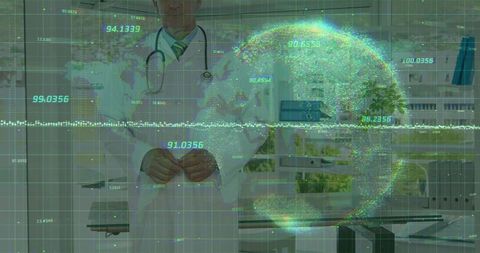 Doctor in lab coat interacting with holographic medical data