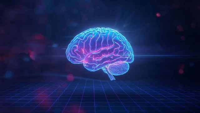 Futuristic Neon Brain Over Digital Grid Representing Innovation