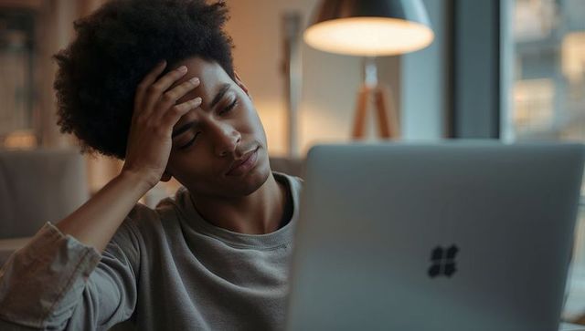 Young man battling fatigue while working late on laptop in cozy living room
