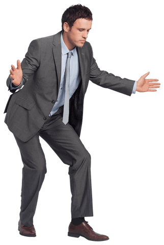 Transparent Businessman Stretching Indoors in Formal Suit