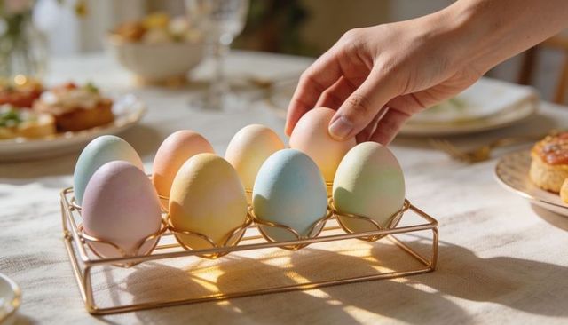 Pastel easter eggs in gold rack with hand reaching, brunch table styled for spring