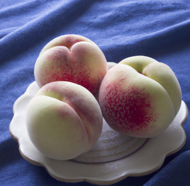 Close up of peaches on plate on blue background. Food, fruit, fresh and health concept.