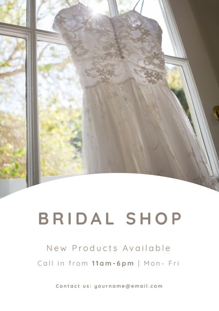 This elegant bridal shop flyer features a detailed wedding dress displayed in front of a large window, creating a classic and sophisticated feel. Designed for promoting new products and store timings, ideal for use in printed marketing materials and social media updates to attract brides-to-be.