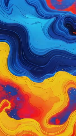 Vertical Fluid Art Video Flowing Yellow-Orange Bands Meeting Swirling Blue Waves Vibrant Abstract Mo