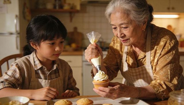 Senior woman teaching child piping frosting onto cupcake in cozy kitchen, family baking